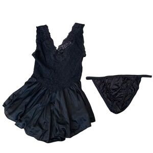 Vintage Exotic Cinema Black Satin Lace Sleepwear Lingerie Set
